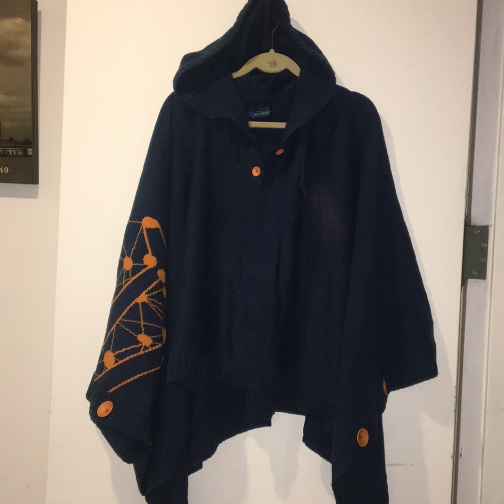 Beautiful dark teal and orange poncho hooded